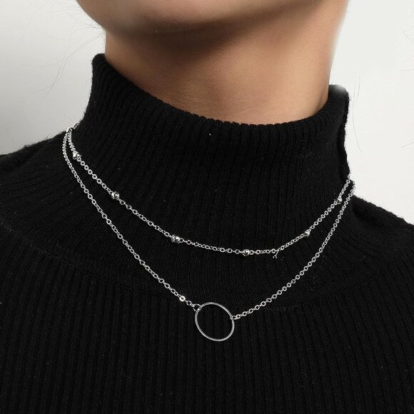 Layered necklace women gold chunky stack multilayered bar pendant paperclip - Picture 2 of 7